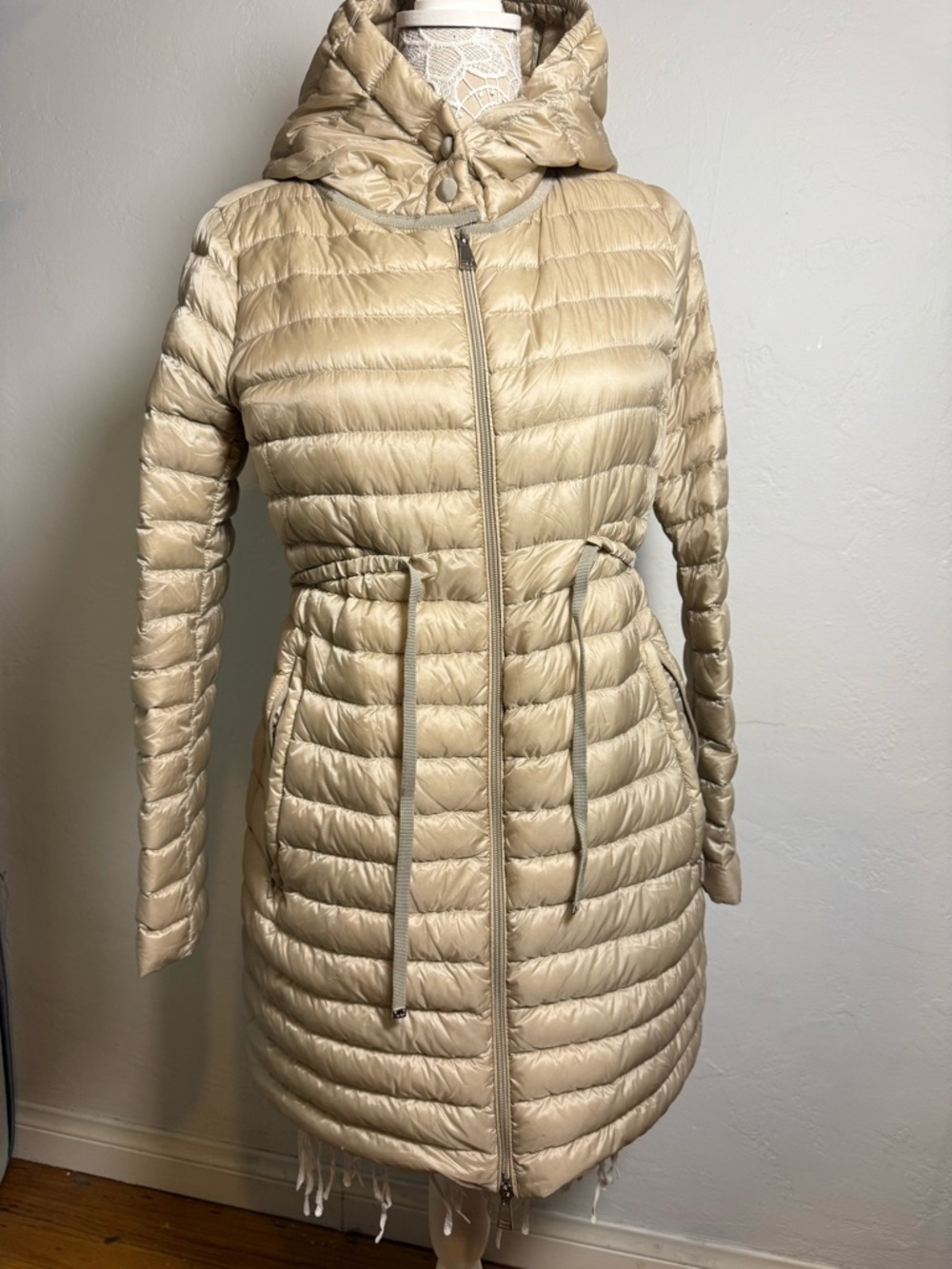 Moncler puffer beige trench hooded zip up jacket